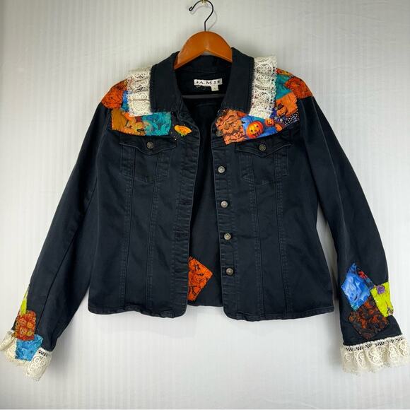 Ami Black Jacket Size Large Handmade Halloween Quilt Patches Lace Ruffle Vintage - Picture 1 of 7